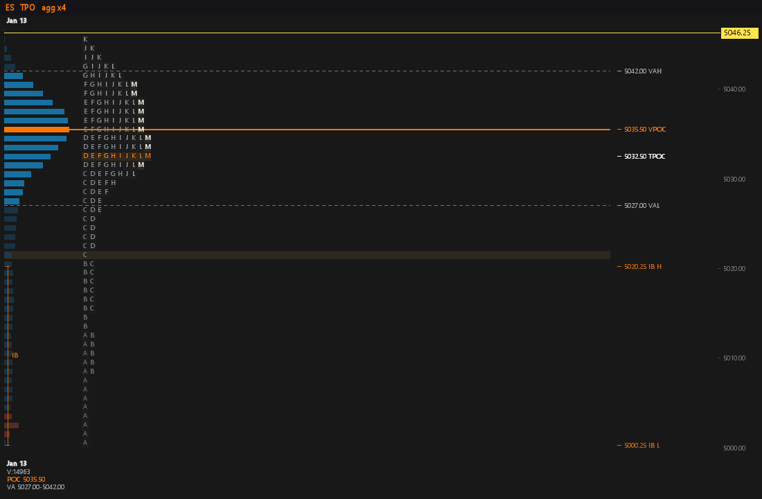 The Sharpnel desktop TPO / Market Profile showing time spent at each price building the day's distribution.