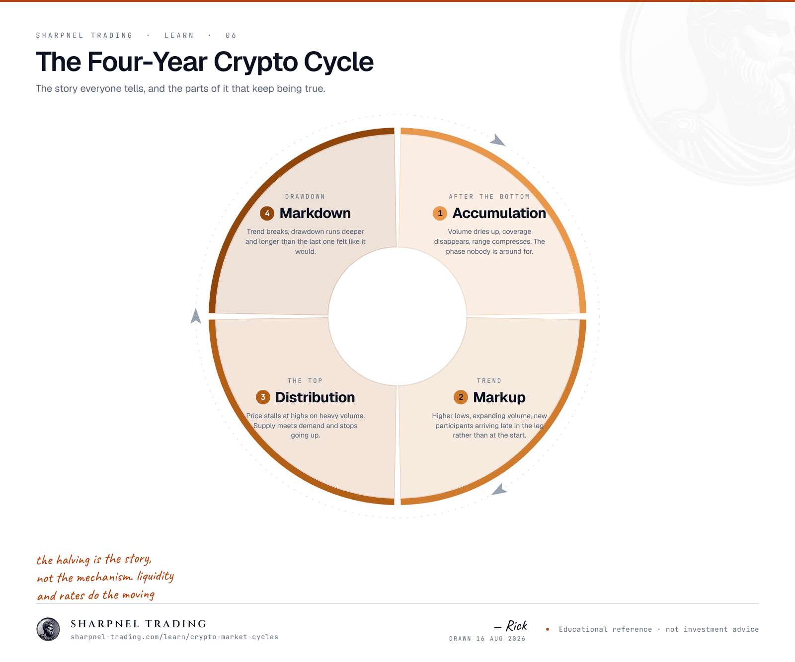 A four-phase cycle wheel for crypto markets: accumulation after the bottom, markup during the trend, distribution at the top, and markdown through the drawdown, repeating.