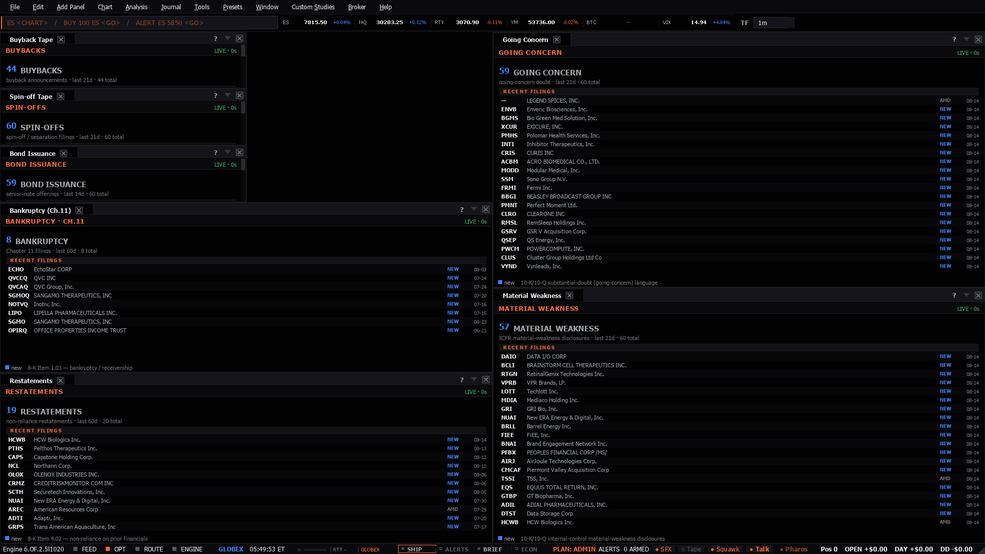 The Filings Radar workspace as the terminal lays it out